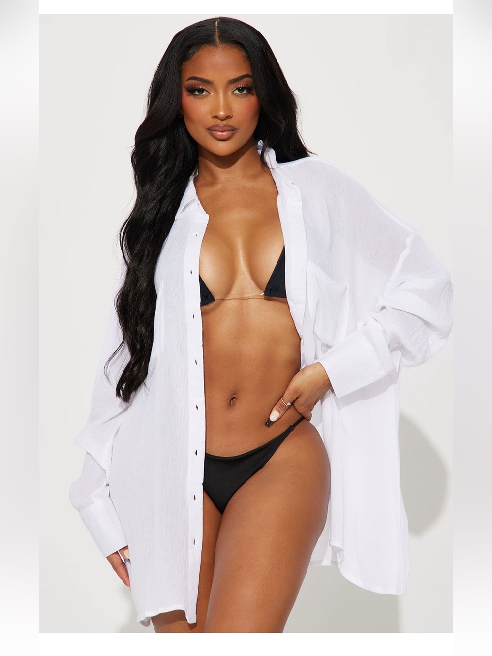 Fashion Nova White Button-Up Sheer Swim Coverup